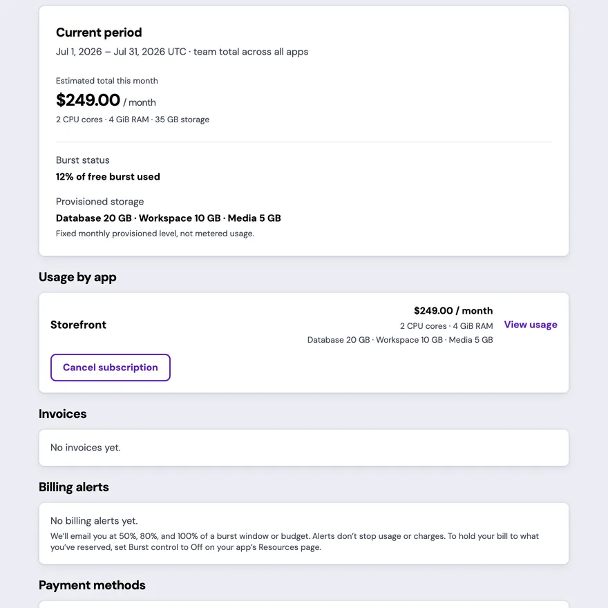 The Billing page for an example Team. The reserved shape and burst status feed the estimated monthly total, each App lists its own figure under Usage by app, and the Invoices and Billing alerts sections follow in frame.