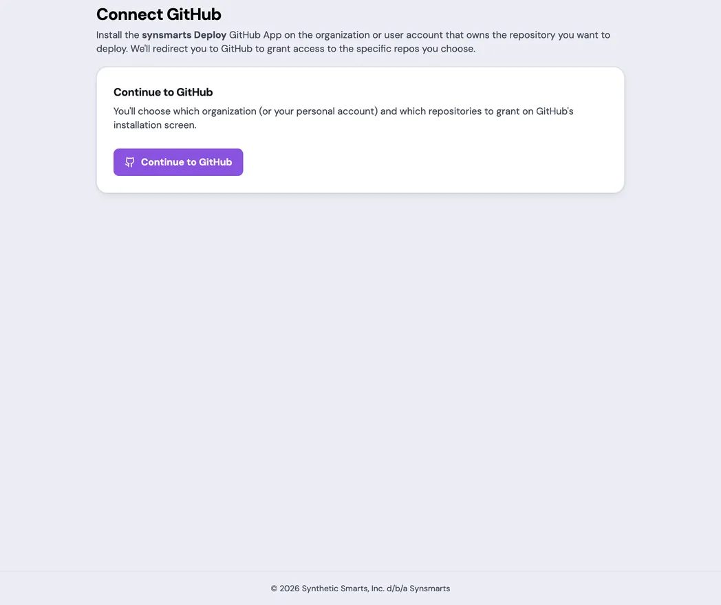 The Connect GitHub page instructs installing the synsmarts Deploy GitHub App on the repository owner's organization or user account. The Continue to GitHub card shows a Continue to GitHub button.