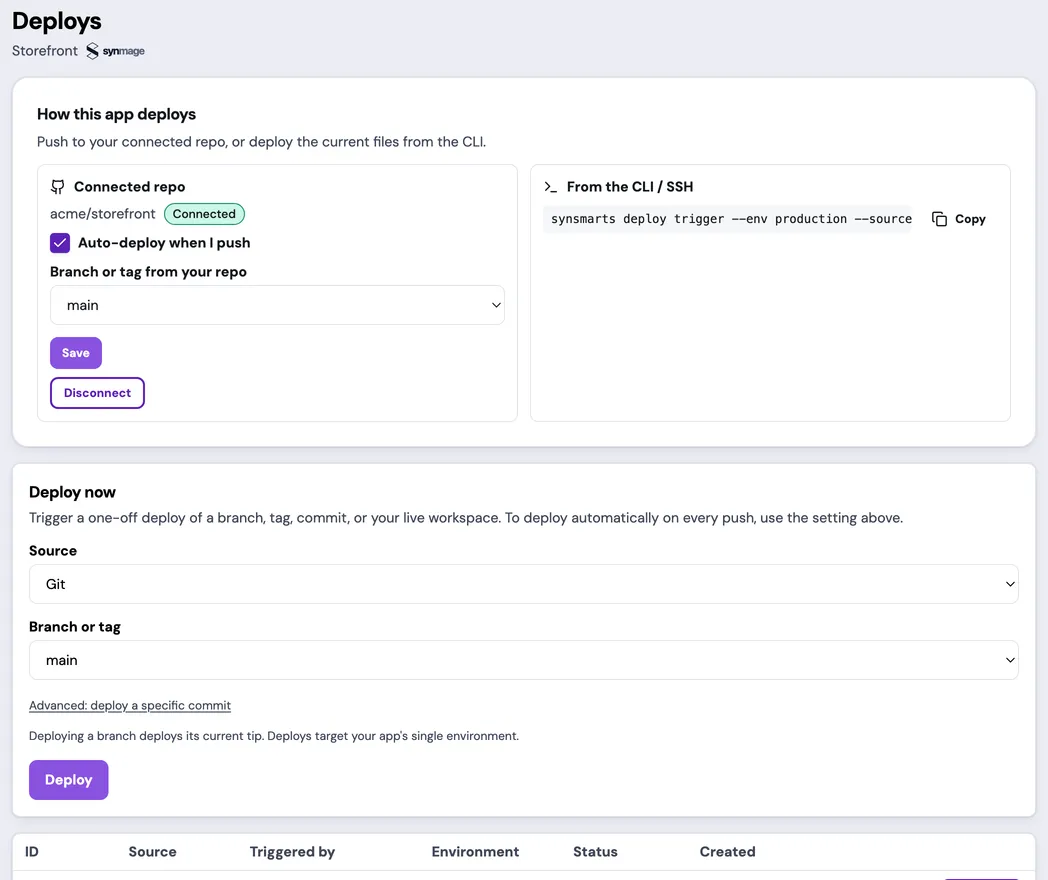 The Deploys page for an example App with a connected acme/storefront repository: the Auto-deploy when I push setting on the main branch, the CLI deploy command, and the Deploy now form.