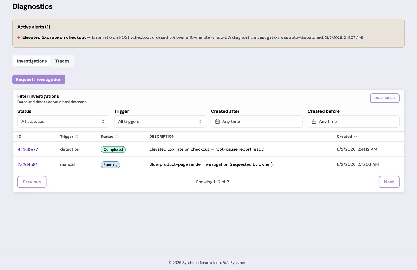 The Diagnostics page for an example App, showing an active checkout error-rate alert and two investigation rows, one completed with its root-cause report ready and one still running, plus a disabled Request investigation button.