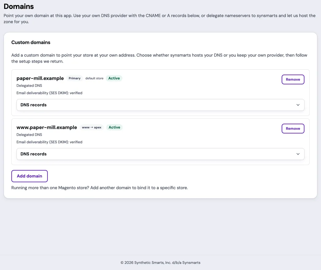 The Domains page for an example App shows two Active delegated domains: paper-mill.example marked Primary and www.paper-mill.example marked www → apex. Both show Email deliverability (SES DKIM): verified and collapsed DNS records sections.