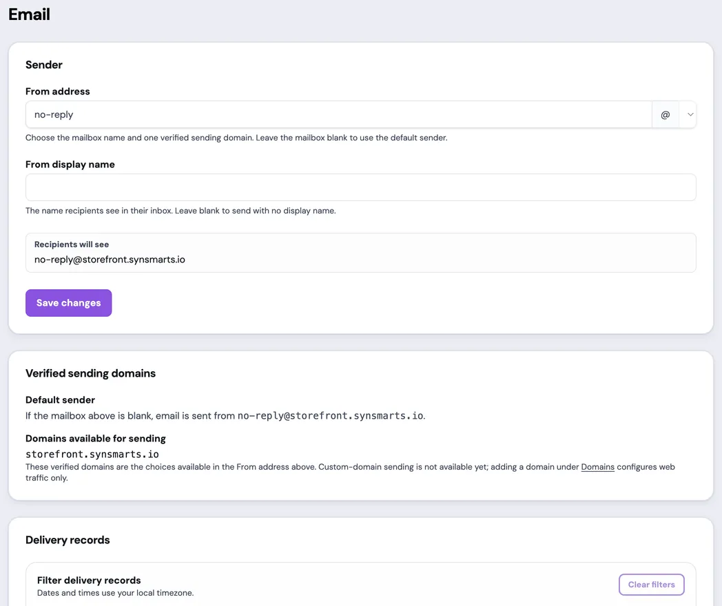The Email page for an example App, showing a no-reply sender form, the sender preview no-reply@storefront.synsmarts.io, and storefront.synsmarts.io as the verified sending domain with default sender no-reply@storefront.synsmarts.io.