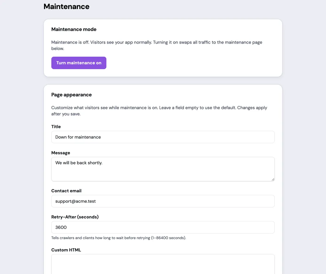 The Maintenance page for an example App shows maintenance off and a Turn maintenance on control. The Page appearance form contains the title Down for maintenance, the message We will be back shortly, the synthetic contact email support@acme.test, and a 3600-second Retry-After.