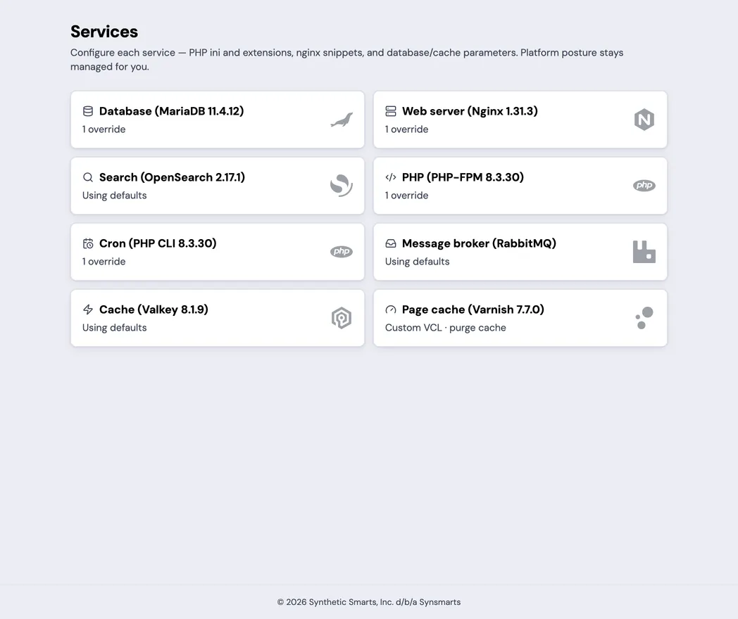 The Services page for an example App shows Database (MariaDB 11.4.12), Web server (Nginx 1.31.3), Search (OpenSearch 2.17.1), PHP (PHP-FPM 8.3.30), Cron (PHP CLI 8.3.30), Message broker (RabbitMQ), Cache (Valkey 8.1.9), and Page cache (Varnish 7.7.0). Database, Web server, PHP, and Cron show one override each; Search, Message broker, and Cache use defaults; Page cache shows Custom VCL · purge cache.