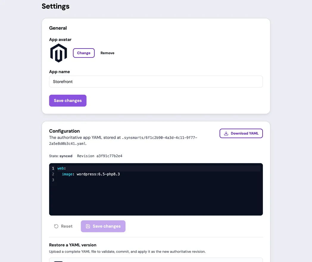 The Settings page for an example App shows the General card with the App avatar and Storefront name. The Configuration card identifies the authoritative YAML, state synced, example revision a3f91c77b2e4, and an editor selecting wordpress:6.5-php8.3.