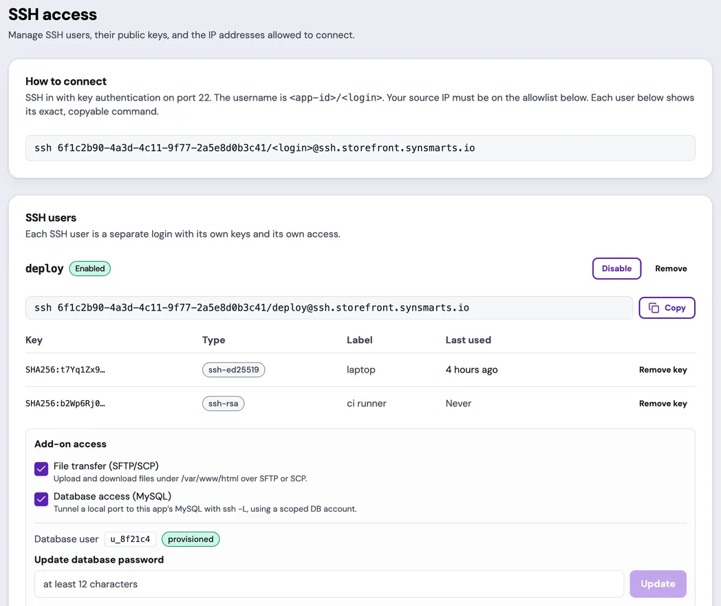 The SSH users card for an example App, showing an enabled deploy user with two truncated synthetic key fingerprints, enabled file-transfer and database-access controls, a provisioned database user with a password form, and the connection command above.