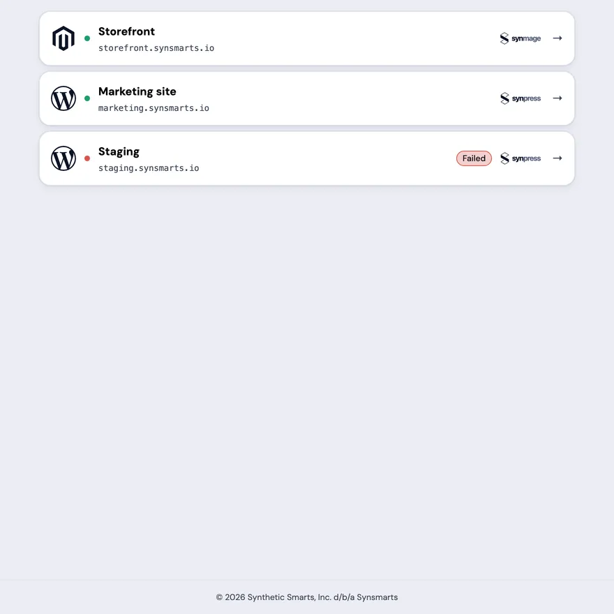 The Apps list for an example Team shows Storefront, Marketing site, and Staging with their hostnames and product marks. The first two have green status indicators, while Staging has a red indicator and a Failed badge.