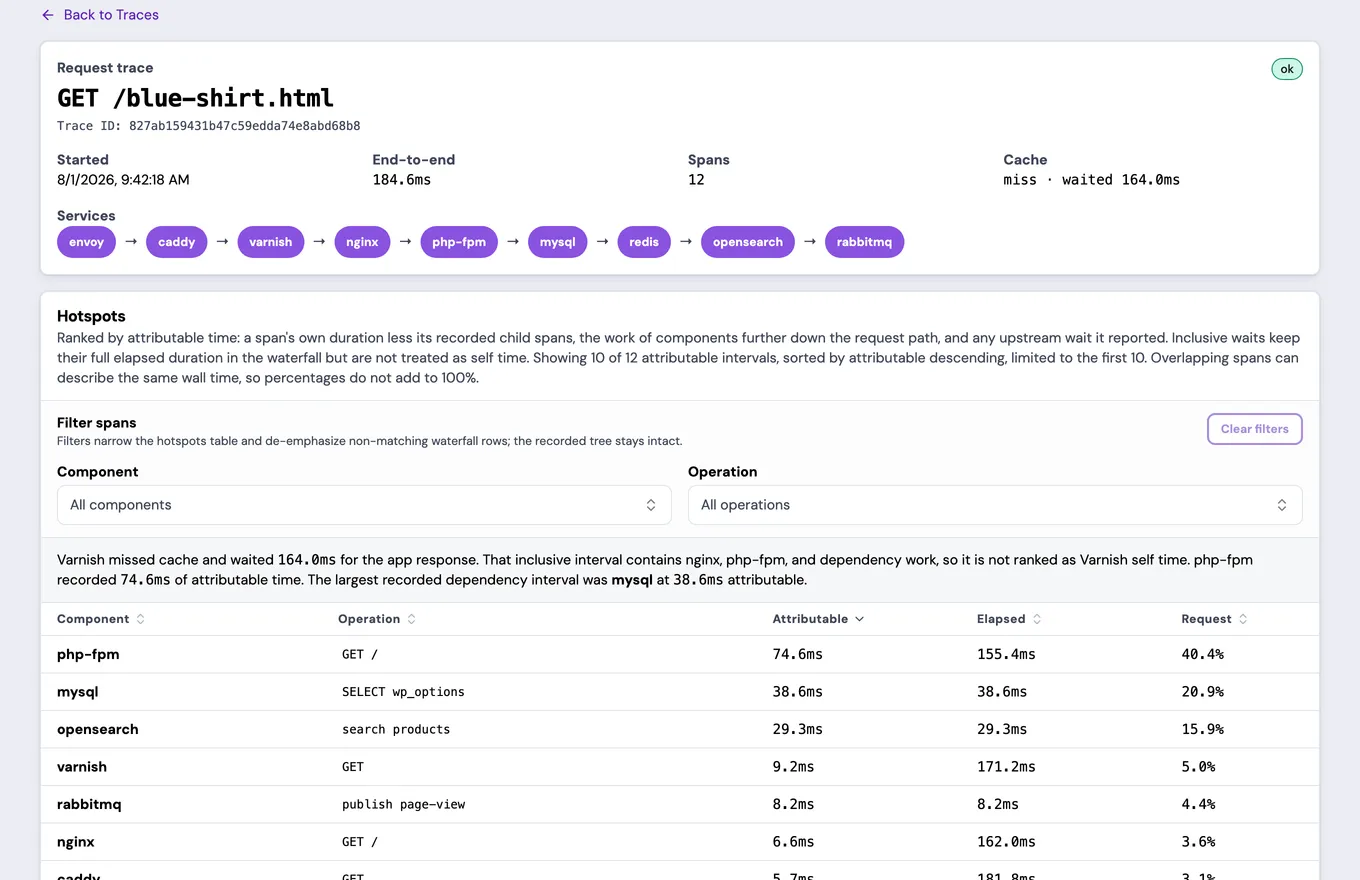 GET /blue-shirt.html trace: ok, 184.6 ms end to end, 12 spans, Varnish miss waiting 164.0 ms, and services envoy, caddy, varnish, nginx, php-fpm, mysql, redis, opensearch, and rabbitmq above Hotspots.