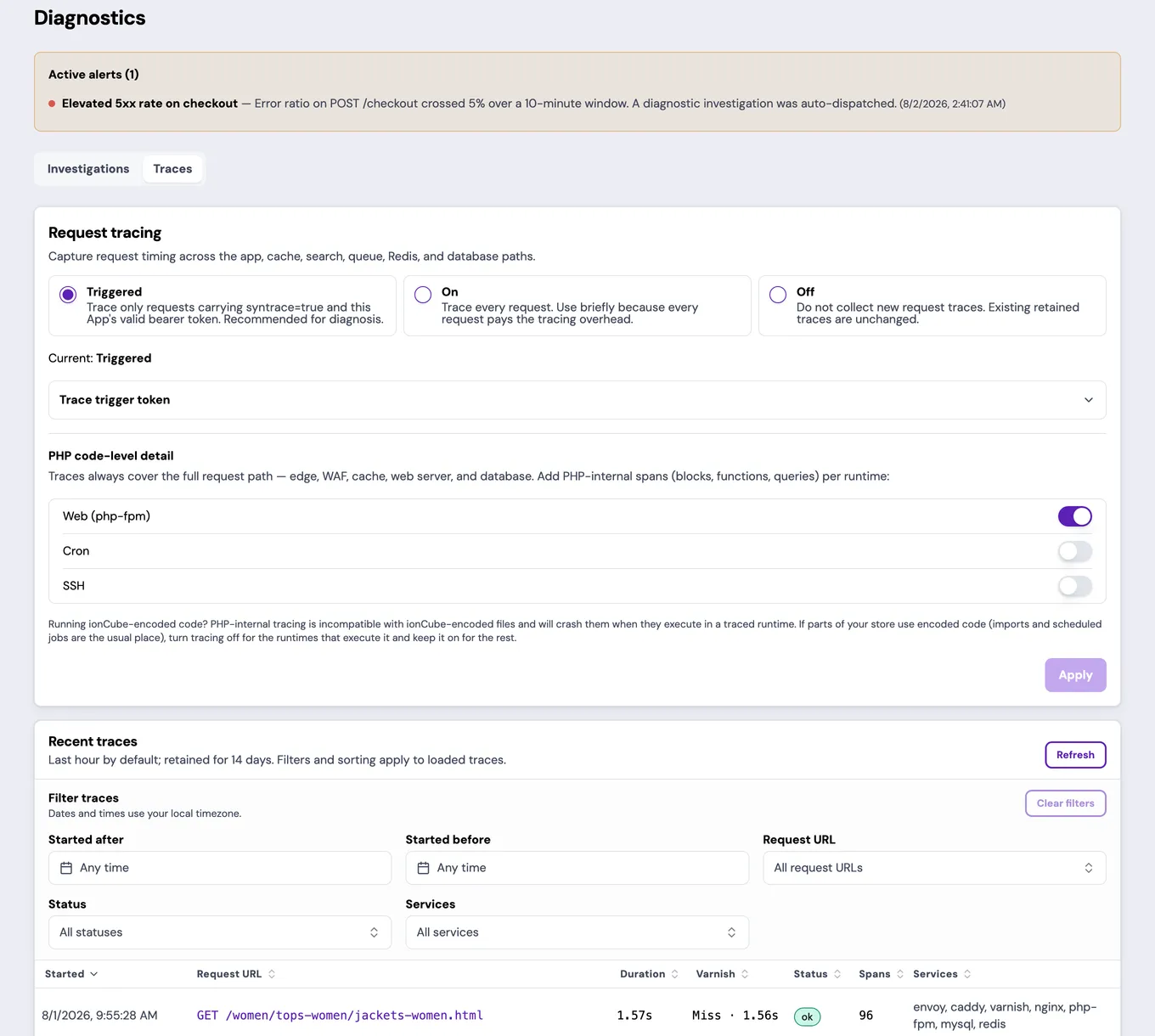 The Diagnostics Traces tab for an example App, below an Active alerts banner. Request tracing is Triggered; PHP code-level detail shows Web on, Cron off, and SSH off; Recent traces shows filters and a populated GET /women/tops-women/jackets-women.html row.