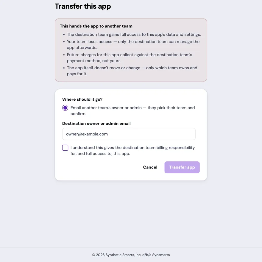 The Transfer this app page for an example App shows the ownership, access, and future-billing warning. The selected email path has the synthetic owner@example.com address, an unchecked responsibility confirmation, and a disabled Transfer app control.