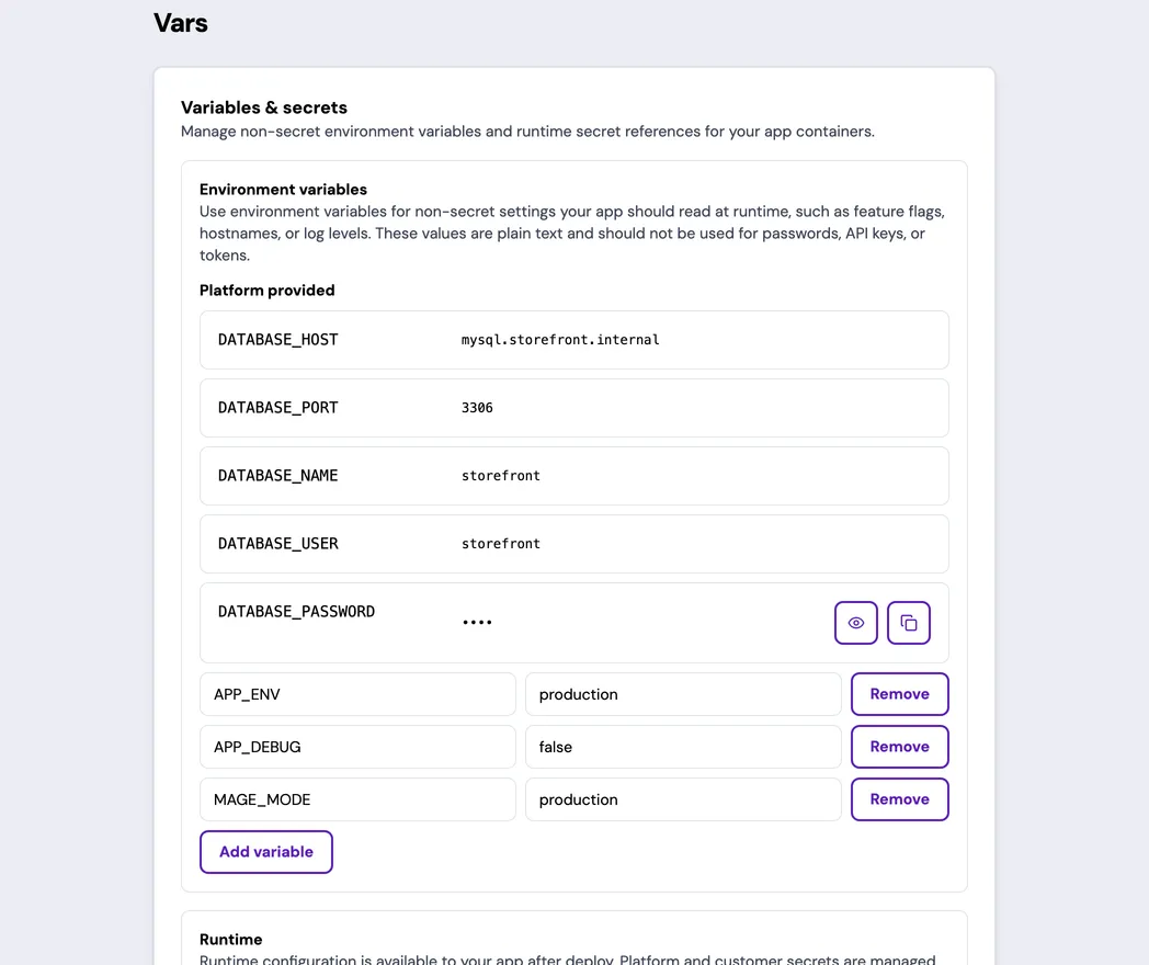The Vars page for an example App, showing the read-only Platform provided database group, a masked DATABASE_PASSWORD with Reveal and Copy controls, and the customer-managed APP_ENV, APP_DEBUG, and MAGE_MODE rows.
