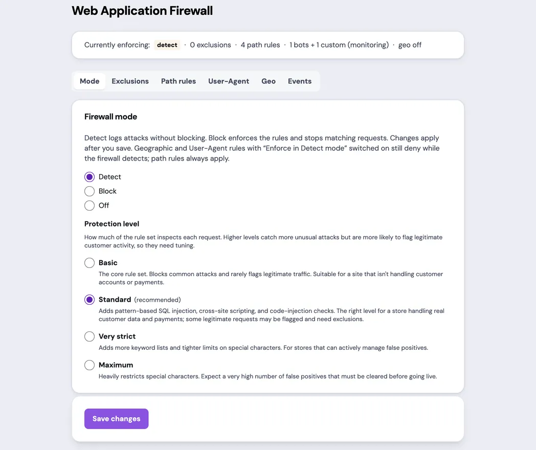 The Web Application Firewall page for an example App, showing the summary strip reading Currently enforcing: detect, with four path rules, the Detect firewall mode selected, and Standard selected as the recommended protection level.